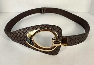 Coldwater‎ Creek Brown Woven Leather Belt Gold Statement Buckle S/M Chunky Boho